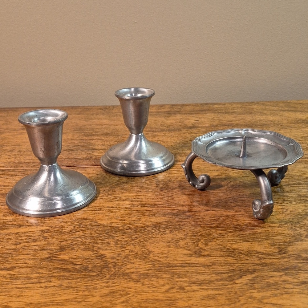 VINTAGE Pair Poole Pewter Candlestick Holders & a Gilde Pillar Candleholder